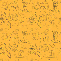 Seamless Halloween Pattern with Pumpkins, Ghosts, and Bats