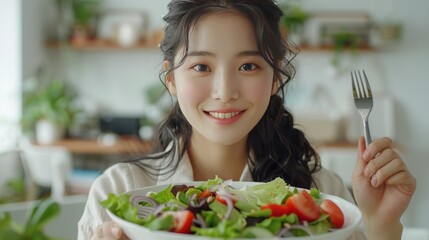 Young woman happily presents a fresh salad in a cozy kitchen
