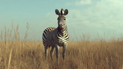 Obraz premium A single zebra stands in a field of tall grass, looking directly at the camera. The sky is blue with white clouds.