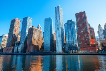 Fototapeta premium Manhattan waterfront cityscape with modern skyscrapers under clear blue sky, Generative AI