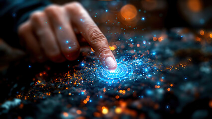 Artificial intelligence and machine learning business concept – finger pressing imaginary button in dark technology theme.