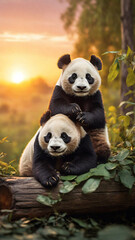 Obraz premium Romantic Pandas Resting on a Log with Leaves and a Warm Sunset Backdrop – Nature’s Wildlife Love Story. 