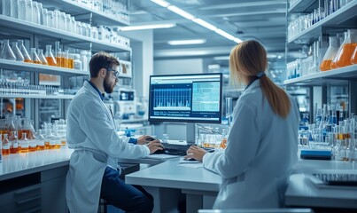 Fototapeta premium Female and Male Scientists Working on their Computers In Big Modern Laboratory. Various Shelves with Beakers, Chemicals and Different Technical Equipment is