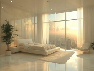 modern minimalist bedroom with sleek furniture large windows letting in warm natural light and a serene atmosphere perfect for showcasing lifestyle design concepts