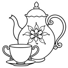 tea service with an elegant floral ornament outline coloring book page line art drawing