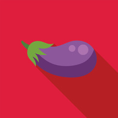 Simple flat design vector illustration of a single fresh eggplant casting long shadow on red background
