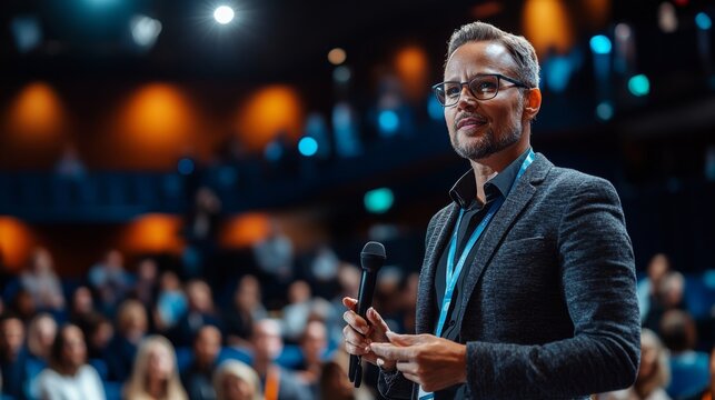International Technology Conference: Male Host Asking Caucasian Female CEO a Question In Front Of Audience. Successful Woman Delivering Inspirational Speech And Diverse Attendees Listening
