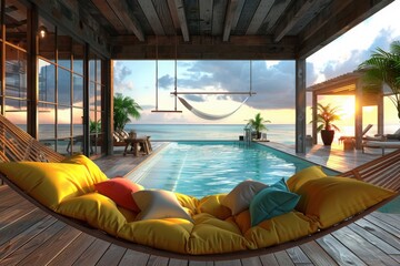 Fototapeta premium A luxurious tropical resort setting featuring a hammock, cozy pillows, and a swimming pool overlooking the ocean at sunset, symbolizing relaxation and paradise. 