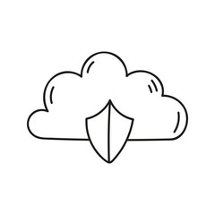 Cloud data doodle protection with shield. Hand drawn technology network communication and settings.