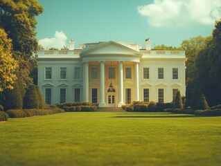 Fototapeta premium modern white house facade showcasing large windows and a welcoming door surrounded by manicured lawns under a bright blue sky symbolizing power and democracy