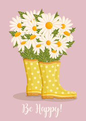 Bouquet of white chamomile flowers in yellow rain boots. Spring composition for Women's Day, Mother's Day, Valentine's Day and other holidays. Spring floral design isolated vector illustration.