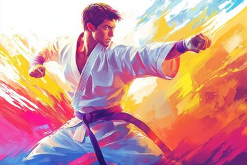 A dynamic martial artist strikes a powerful pose, showcasing strength and skill against a vibrant, colorful background.