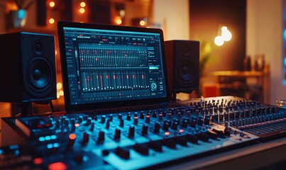 Naklejka premium Modern Music Record Studio Control Desk with Laptop Screen Showing User Interface of Digital Audio Workstation Software. Equalizer, Mixer and Professional Equipment. Faders, Sliders. Record