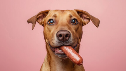 Obraz premium Cute dog eats sausage on pink background 