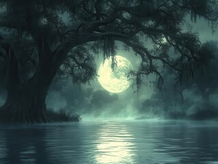 Fototapeta premium mysterious and eerie swampy river winding through ancient gnarled trees under a haunting full moon casting ghostly shadows over the dark misty water