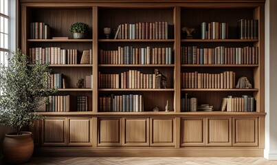 Image showcasing a traditional oak wood bookcase filled with a variety of hardcover books, providing an elegant and intellectual backdrop suitable for, Generative AI