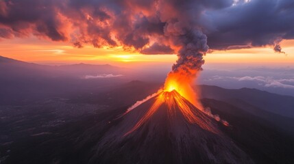 A volcano erupts with a fiery plume of smoke and ash against a backdrop of a stunning sunset.