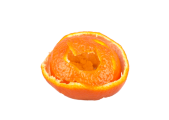 Swirly dried orange peel isolated on white background, side view