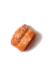 Korvapuusti, traditional finnish cinnamon and cardamom roll, fresh baked bun isolated on a white background, sweet dessert Sweden and Finland
