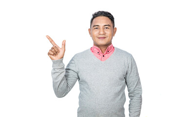 Cheerful gesture of a man in semi-formal attire isolated on a white background