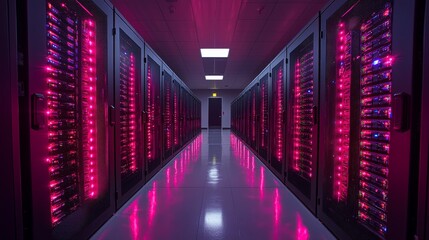 A server room illuminated by pink lights, showcasing rows of data storage units.