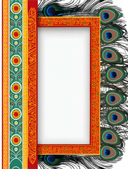 Vibrant Flat Vector Illustration of a Peacock Feather and Rangoli Border Frame with Copy Space for Festive Messages
