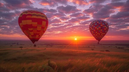 Fototapeta premium Two colorful hot air balloons fly over a grassy field at sunrise.
