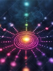 Obraz premium A vibrant digital illustration depicting a central glowing sphere surrounded by concentric circles and radiating colorful dots, evoking a cosmic or energetic theme.