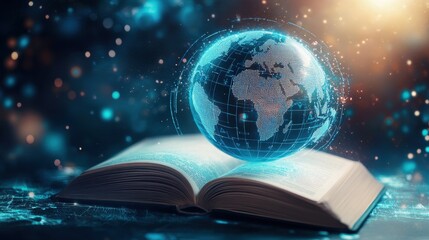 Futuristic concept of global education with an open book and digital globe map, highlighting literacy and learning in a connected world, blue background