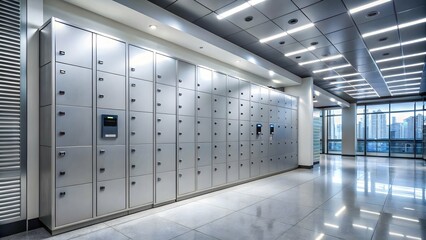 A secure locker area in a modern travel hub, with numbered lockers and electronic keypads for storing valuables