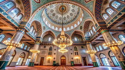 Fototapeta premium The interior of a mosque featuring stunning geometric patterns and arabesque designs on the walls, with a grand chandelier hanging from the ceiling