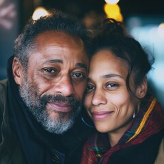 Fototapeta premium A happy Black man and woman share smiles while celebrating Kwanzaa in a cozy atmosphere