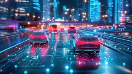 Fototapeta premium Holographic representation of vehicles connected to data points in a traffic management system, showcasing digital twin technology in action.