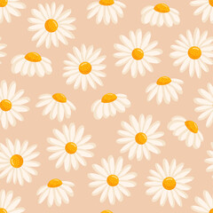Seamless pattern with blooming daisies. Chamomile vector floral illustration for postcard, poster, fabric, wrapping paper, decor etc. Flowers for spring and summer holidays.
