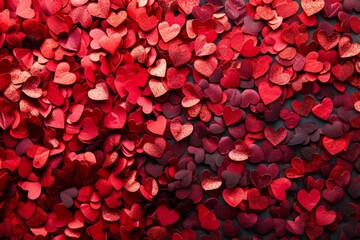 Red and pink heart-shaped confetti scattered on a dark background. Romantic and festive texture perfect for Valentine's Day, love, and celebration themes. Generative AI