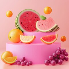 Fruit cake on a pink background with a lot of fruits.