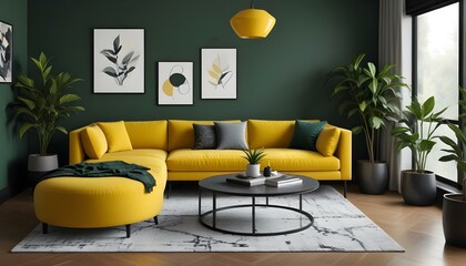 A modern living room with a large green sofa, a gray patterned ottoman, and a potted plant in the corner.