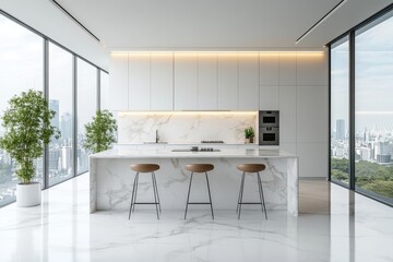Modern kitchen interior with a central island, stools, and large windows overlooking a cityscape, minimalist design on a bright background, concept of, Generative AI