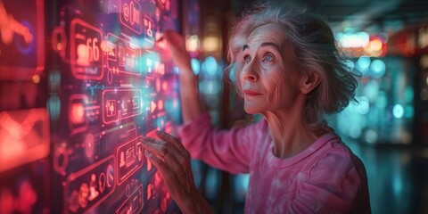 Obraz premium A older woman reaches out to touch 3D social media icons and web pages floating in the display