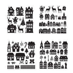 set of vector christmas village silhouette