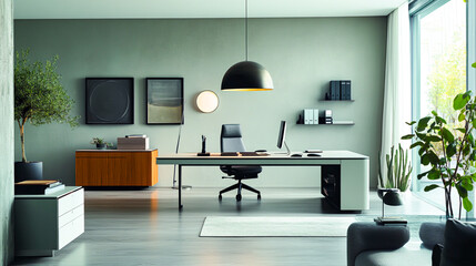 Modern Sleek Home Office with Stylish Lighting Elements
