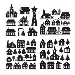 set of vector christmas village silhouette