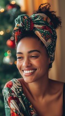 Fototapeta premium A Black woman radiates happiness while embracing the spirit of Kwanzaa amidst holiday decorations