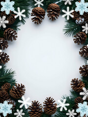 Flat Vector Illustration of Snowflakes and Pinecones Border Framing Copy Space for Winter Product Display - Ideal for E-commerce Banners and Seasonal Promotions