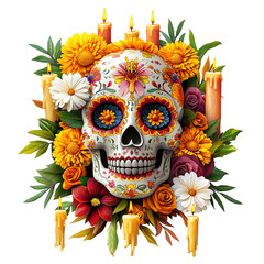 Day of the dead Day of the dead sugar skull with flowers and candles.