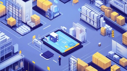 Fototapeta premium Smart warehouse with AR technology, showcasing package picking and delivery optimization in futuristic logistics management.