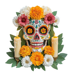 Day of the dead Day of the dead sugar skull with flowers and candles.