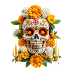 Day of the dead skull with flowers and candles