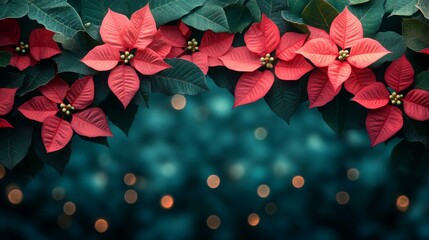 Christmas background with poinsettia. Traditional Xmas plant floral design with copy space. Flower frame Noel card.