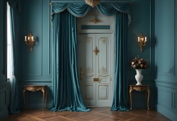 Fototapeta premium A grand, ornate doorway with a teal curtain draped over it, flanked by wall sconces . The room has a formal, elegant aesthetic with blue-gray walls and wooden floors.